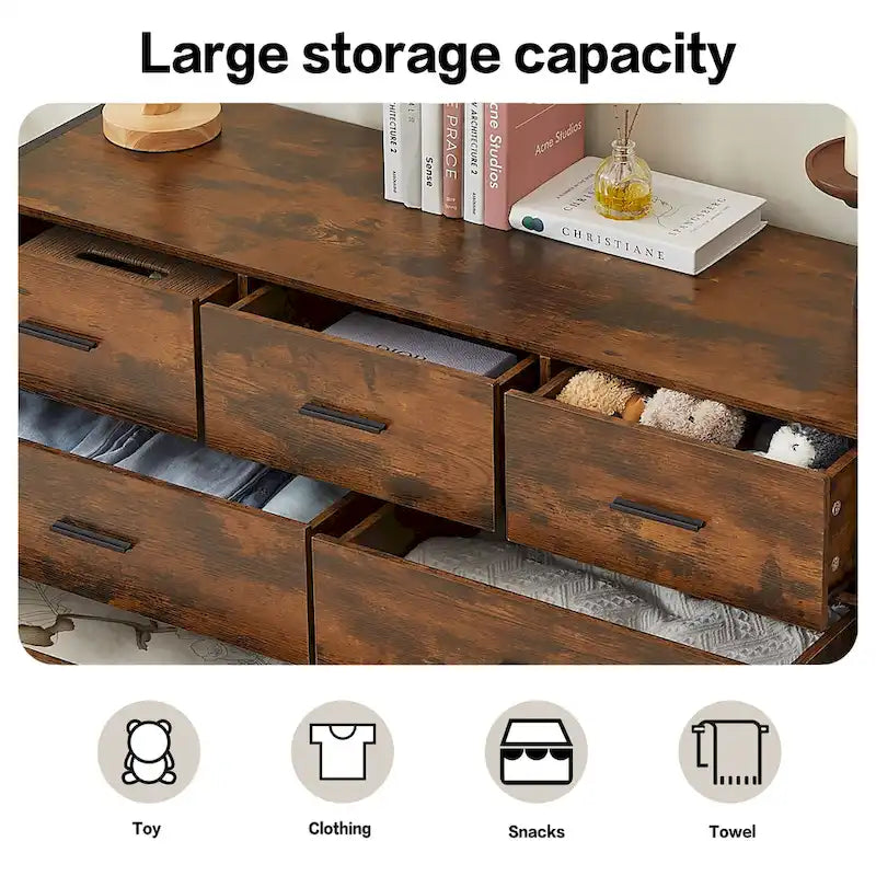 Commode horizontale à 7 tiroirs, armoire de rangement en bois pour chambre, meuble à vêtements robuste avec structure en acier solide