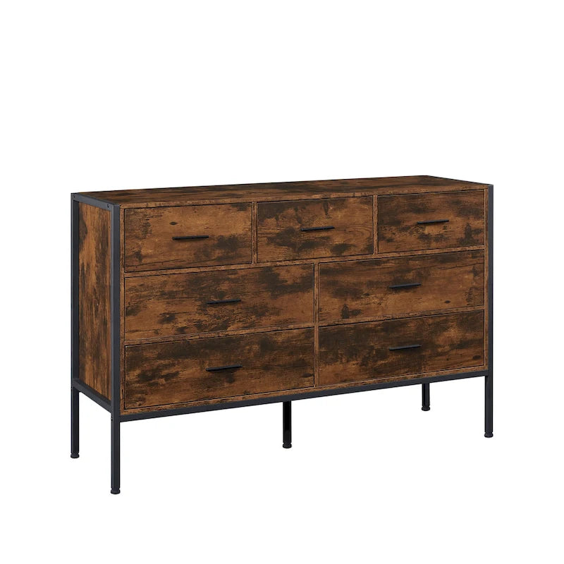 Commode horizontale à 7 tiroirs, armoire de rangement en bois pour chambre, meuble à vêtements robuste avec structure en acier solide