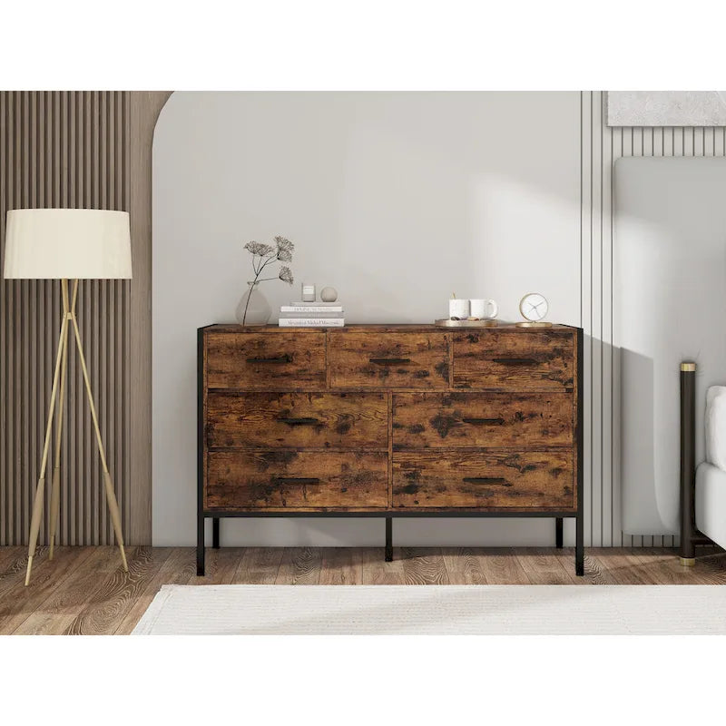 Commode horizontale à 7 tiroirs, armoire de rangement en bois pour chambre, meuble à vêtements robuste avec structure en acier solide