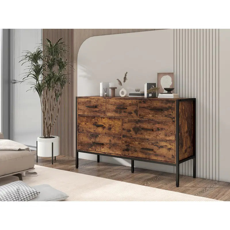 Commode horizontale à 7 tiroirs, armoire de rangement en bois pour chambre, meuble à vêtements robuste avec structure en acier solide