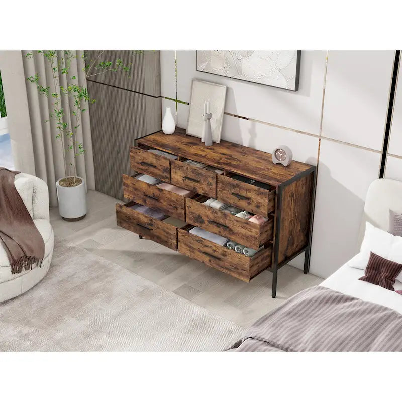 Commode horizontale à 7 tiroirs, armoire de rangement en bois pour chambre, meuble à vêtements robuste avec structure en acier solide