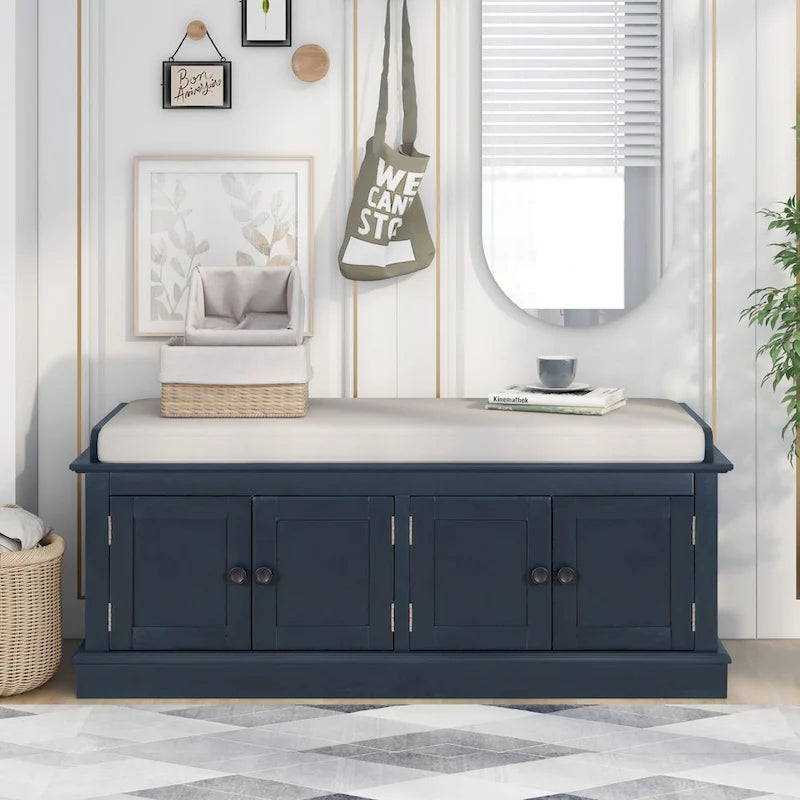 Banc de rangement à 4 portes et étagères réglables avec coussin amovible (bleu marine antique)