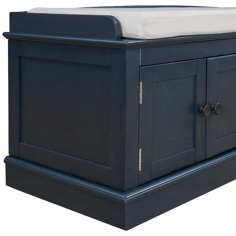 Banc de rangement à 4 portes et étagères réglables avec coussin amovible (bleu marine antique)