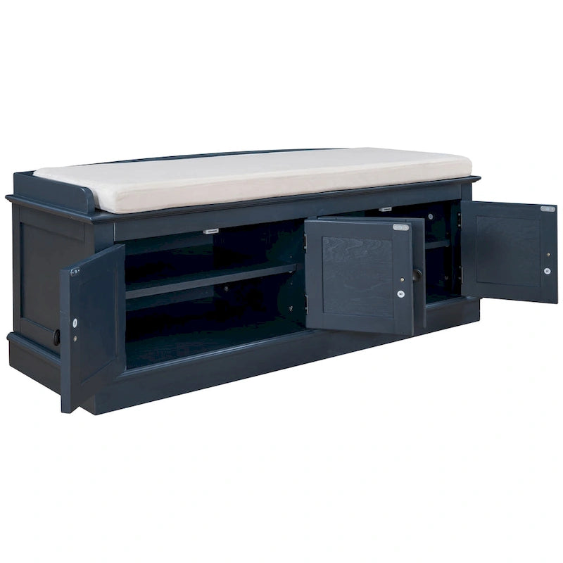 Banc de rangement à 4 portes et étagères réglables avec coussin amovible (bleu marine antique)