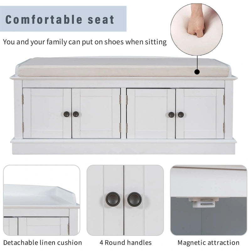Banc de rangement à 4 portes et étagères réglables avec coussin amovible (bleu marine antique)