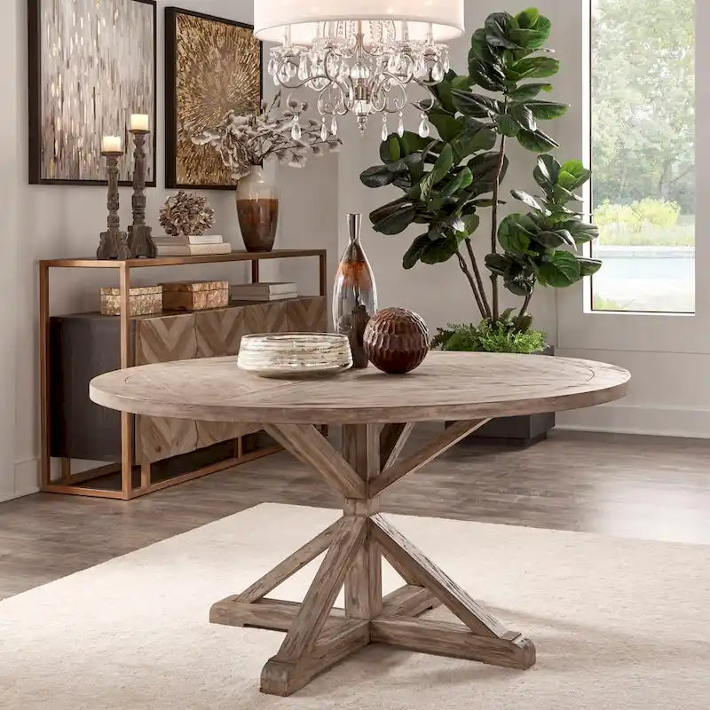 Table de salle à manger ronde rustique Krakova en pin avec piètement en X