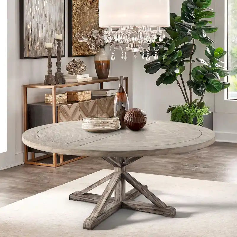 Table de salle à manger ronde rustique Krakova en pin avec piètement en X