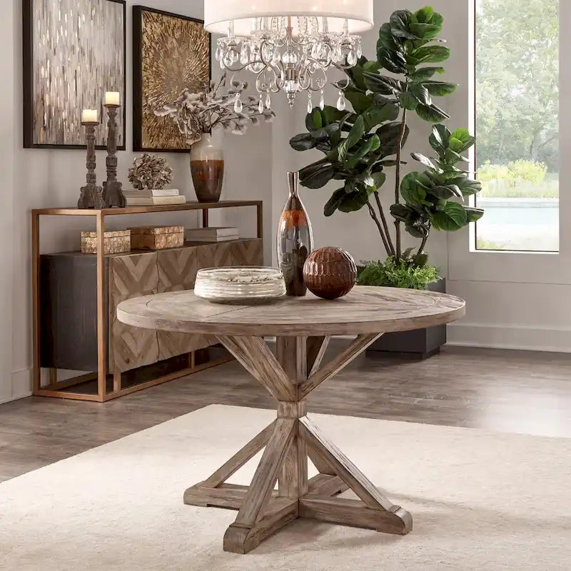 Table de salle à manger ronde rustique Krakova en pin avec piètement en X