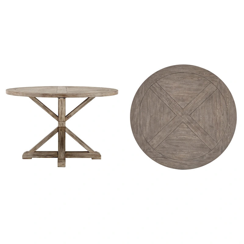 Table de salle à manger ronde rustique Krakova en pin avec piètement en X