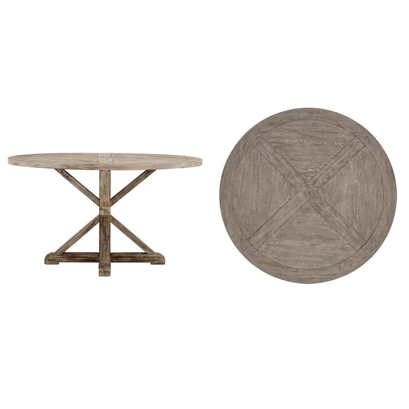 Table de salle à manger ronde rustique Krakova en pin avec piètement en X