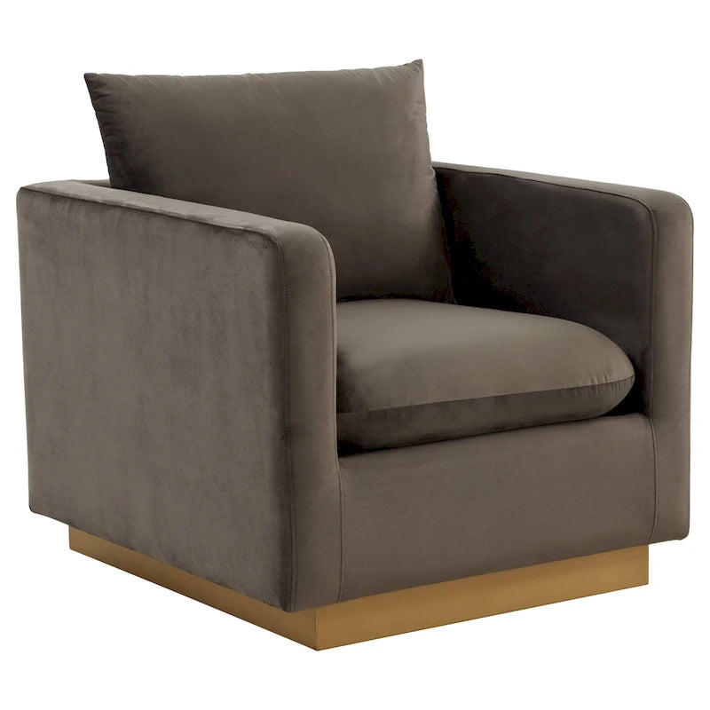 Canapé une place moderne en velours Nervo, fauteuil d'appoint avec base carrée en acier inoxydable doré pour salon et chambre - 32,67