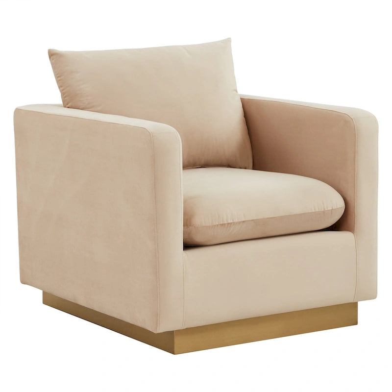Canapé une place moderne en velours Nervo, fauteuil d'appoint avec base carrée en acier inoxydable doré pour salon et chambre - 32,67