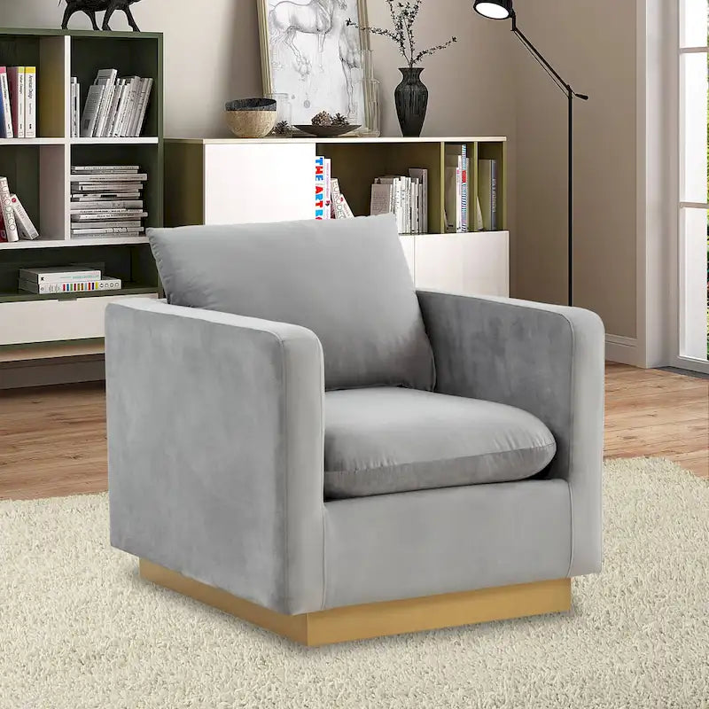 Canapé une place moderne en velours Nervo, fauteuil d'appoint avec base carrée en acier inoxydable doré pour salon et chambre - 32,67