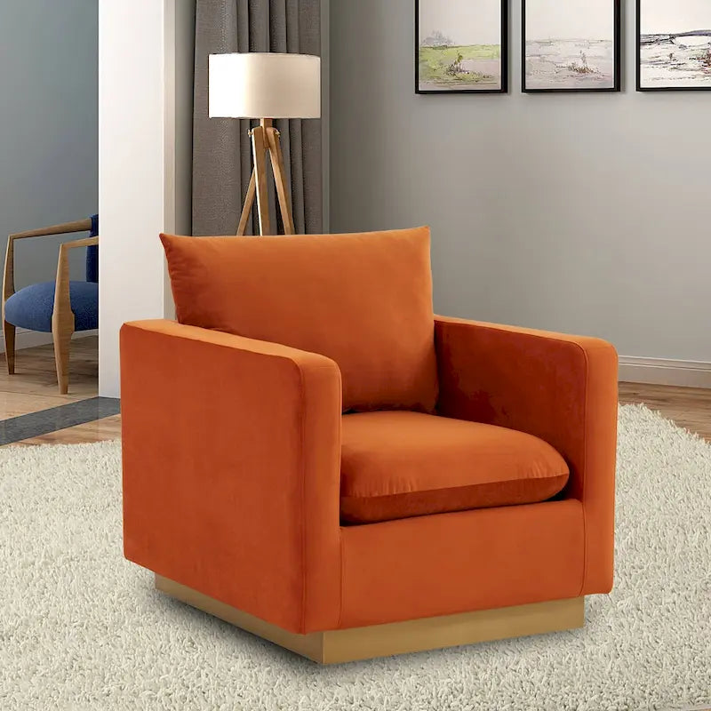Canapé une place moderne en velours Nervo, fauteuil d'appoint avec base carrée en acier inoxydable doré pour salon et chambre - 32,67
