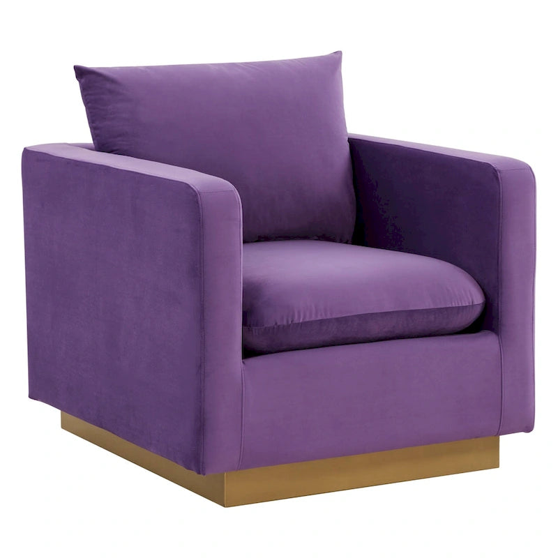 Canapé une place moderne en velours Nervo, fauteuil d'appoint avec base carrée en acier inoxydable doré pour salon et chambre - 32,67