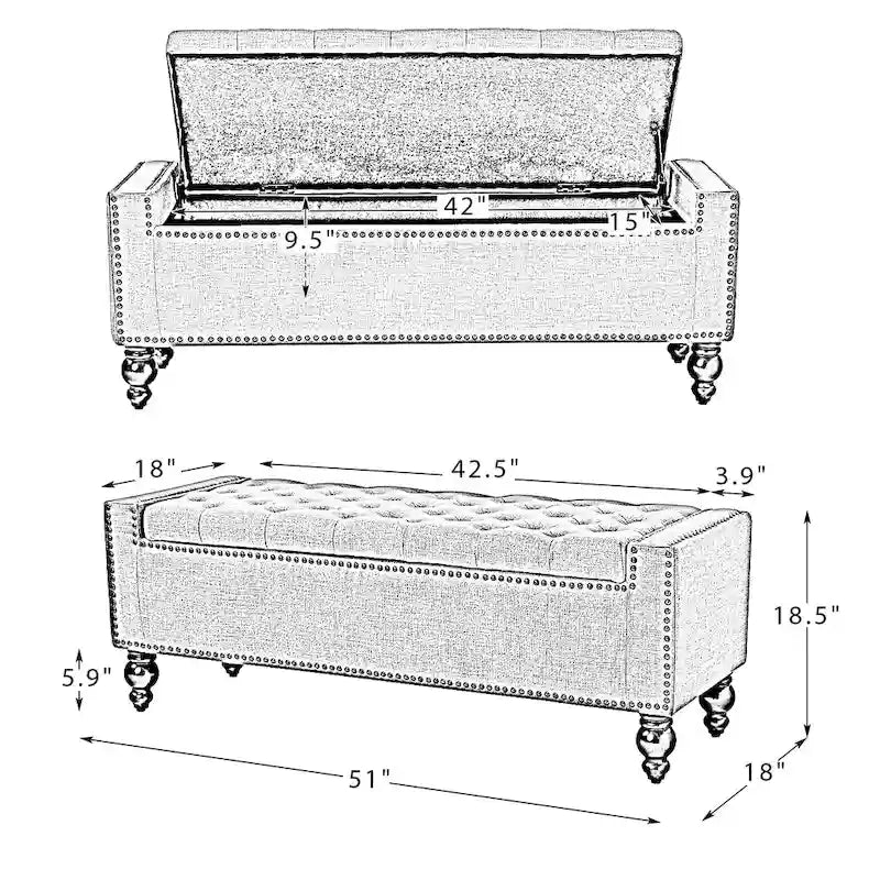 Banc de rangement Felix Classic capitonné avec garnitures cloutées par HULALA HOME
