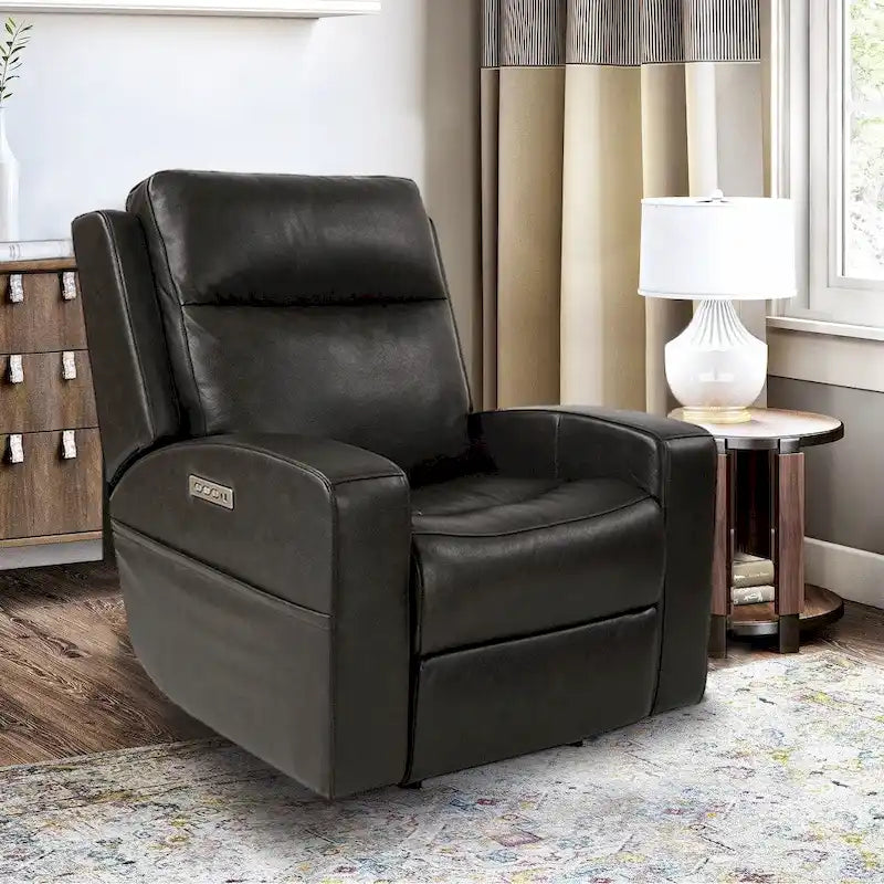 Fauteuil inclinable électrique en cuir pleine fleur de 94 cm de large, avec fonction bascule et port de chargement USB, idéal pour le home cinéma.