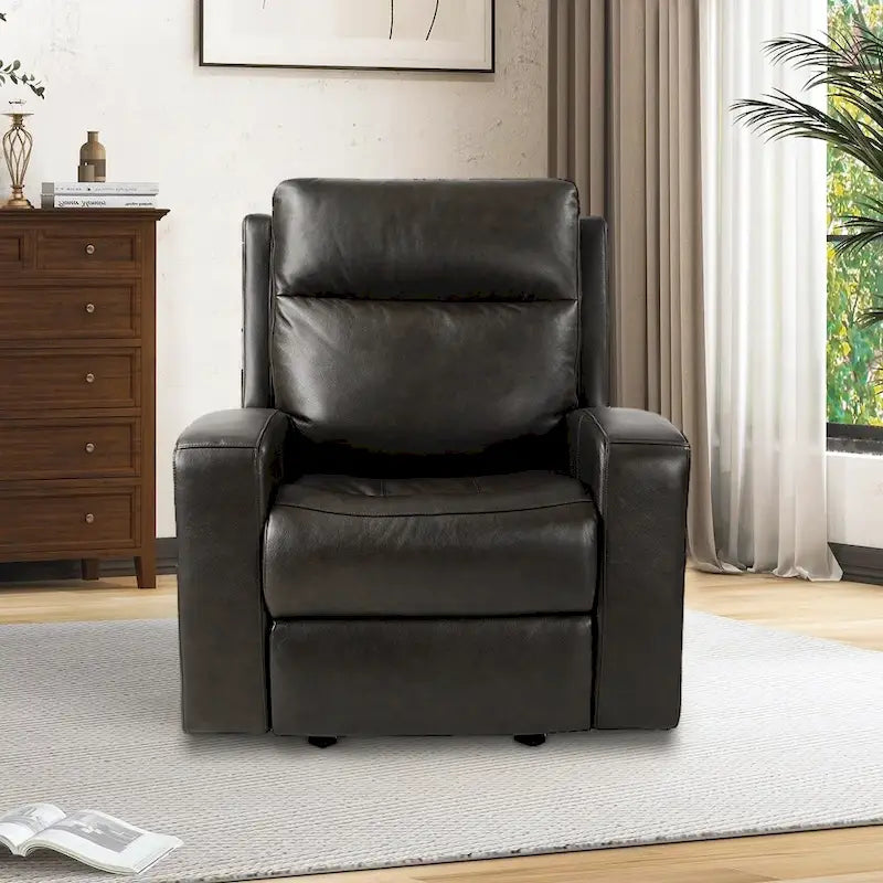 Fauteuil inclinable électrique en cuir pleine fleur de 94 cm de large, avec fonction bascule et port de chargement USB, idéal pour le home cinéma.