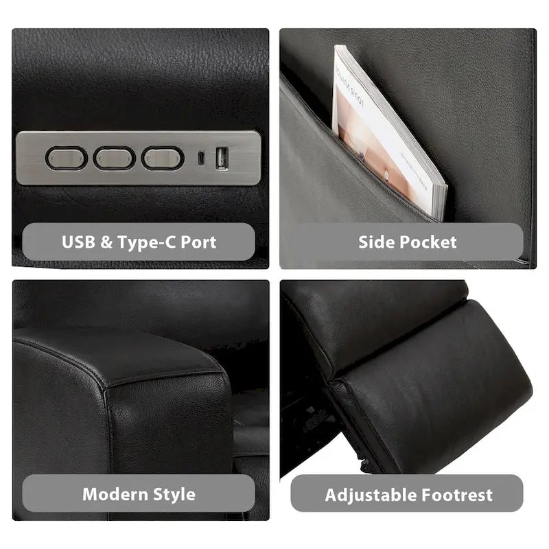 Fauteuil inclinable électrique en cuir pleine fleur de 94 cm de large, avec fonction bascule et port de chargement USB, idéal pour le home cinéma.