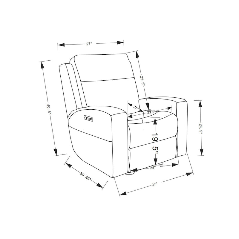 Fauteuil inclinable électrique en cuir pleine fleur de 94 cm de large, avec fonction bascule et port de chargement USB, idéal pour le home cinéma.