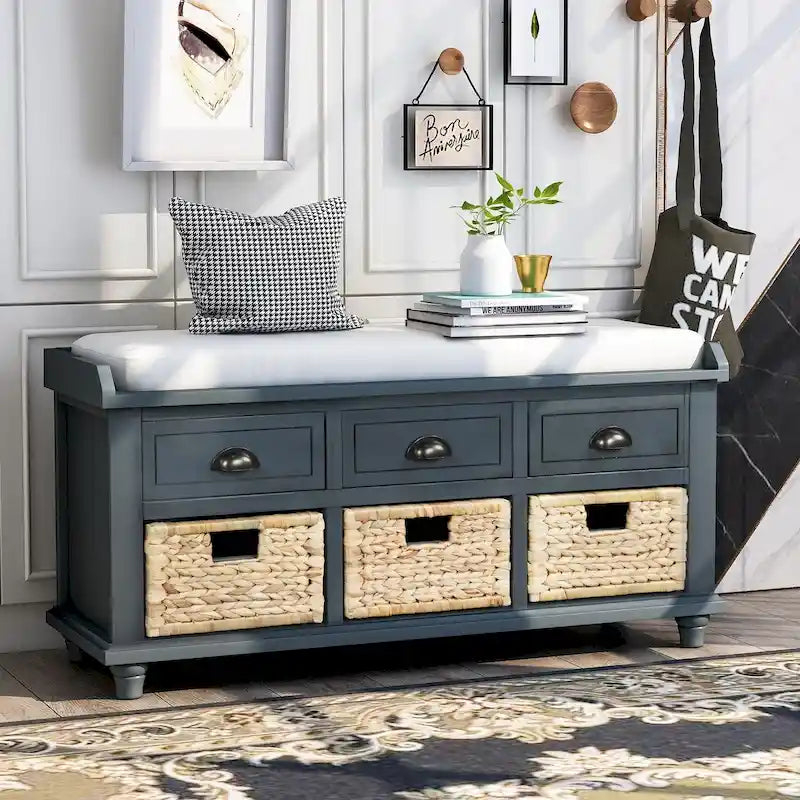 Banc de rangement rustique avec 3 tiroirs et 3 paniers en rotin, banc à chaussures pour salon, entrée