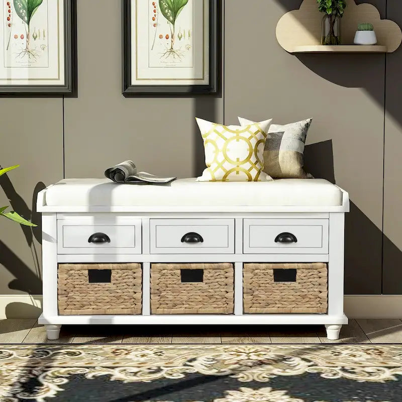 Banc de rangement rustique avec 3 tiroirs et 3 paniers en rotin, banc à chaussures pour salon, entrée