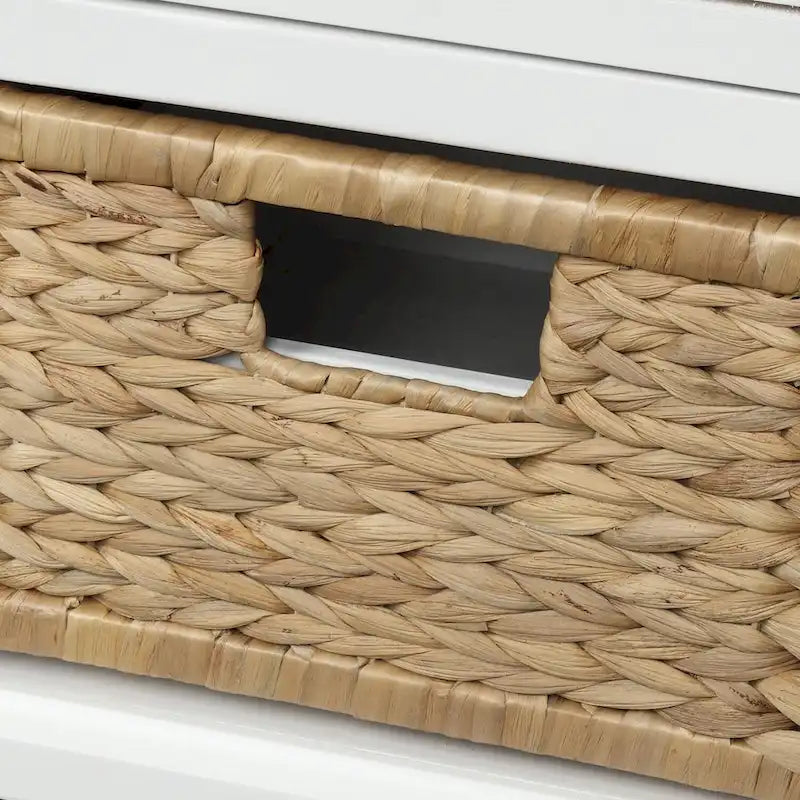 Banc de rangement rustique avec 3 tiroirs et 3 paniers en rotin, banc à chaussures pour salon, entrée