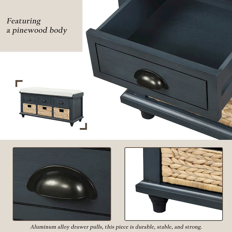 Banc de rangement rustique avec 3 tiroirs et 3 paniers en rotin, banc à chaussures pour salon, entrée