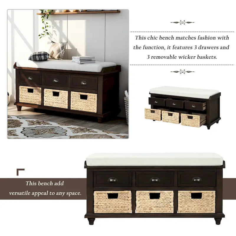 Banc de rangement rustique avec 3 tiroirs et 3 paniers en rotin, banc à chaussures pour salon, entrée