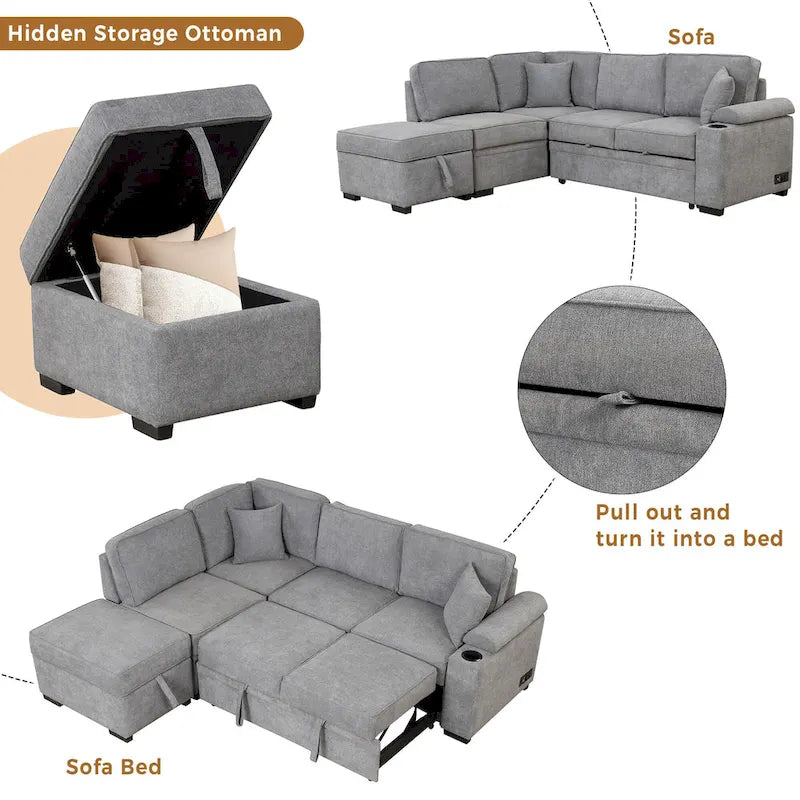 Canapé-lit gigogne 2 en 1 de 87,4 cm avec pouf de rangement