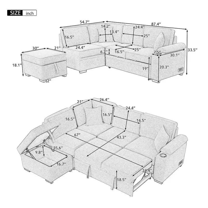 Canapé-lit gigogne 2 en 1 de 87,4 cm avec pouf de rangement