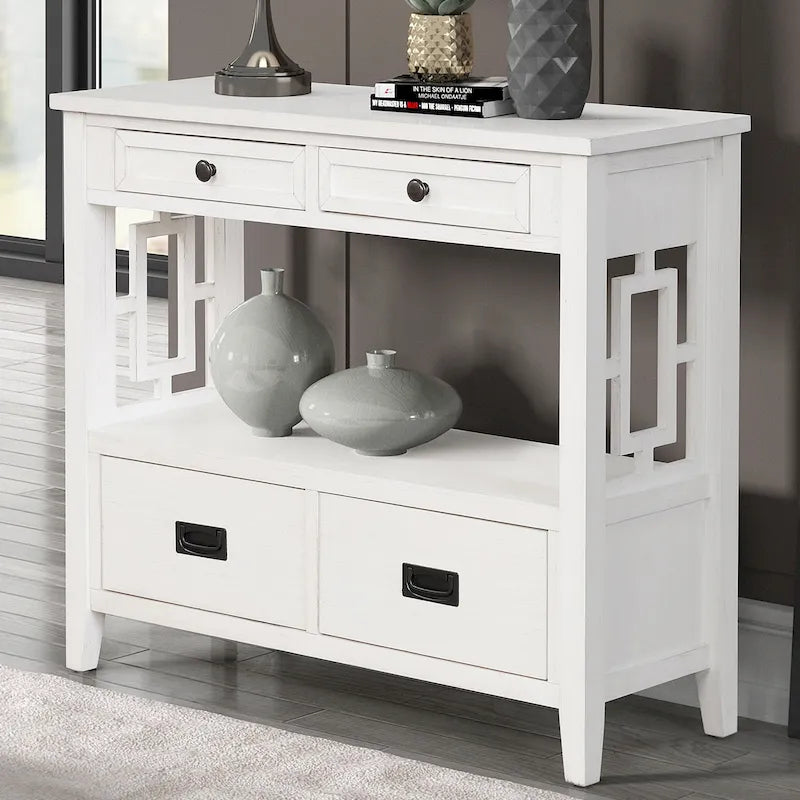Console de style campagnard en pin, 91 cm, avec 4 tiroirs et 1 étagère de rangement.