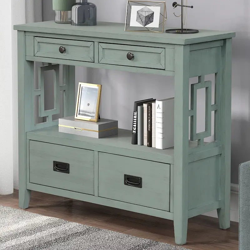 Console de style campagnard en pin, 91 cm, avec 4 tiroirs et 1 étagère de rangement.