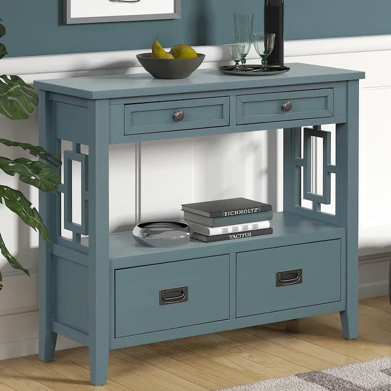Console de style campagnard en pin, 91 cm, avec 4 tiroirs et 1 étagère de rangement.