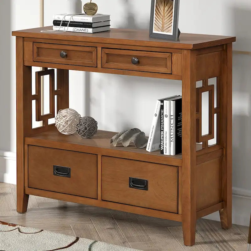 Console de style campagnard en pin, 91 cm, avec 4 tiroirs et 1 étagère de rangement.