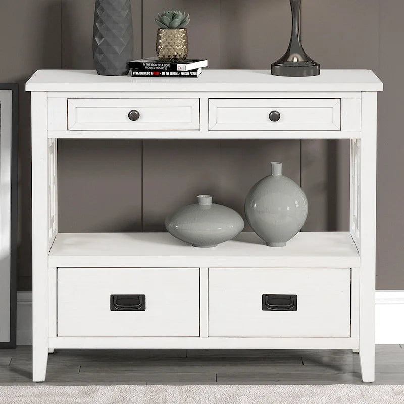 Console de style campagnard en pin, 91 cm, avec 4 tiroirs et 1 étagère de rangement.
