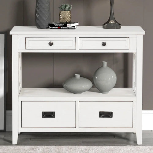 Console de style campagnard en pin, 91 cm, avec 4 tiroirs et 1 étagère de rangement.