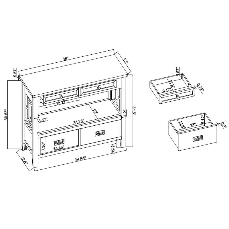 Console de style campagnard en pin, 91 cm, avec 4 tiroirs et 1 étagère de rangement.