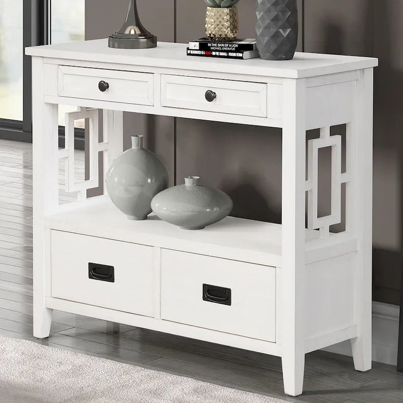 Console de style campagnard en pin, 91 cm, avec 4 tiroirs et 1 étagère de rangement.