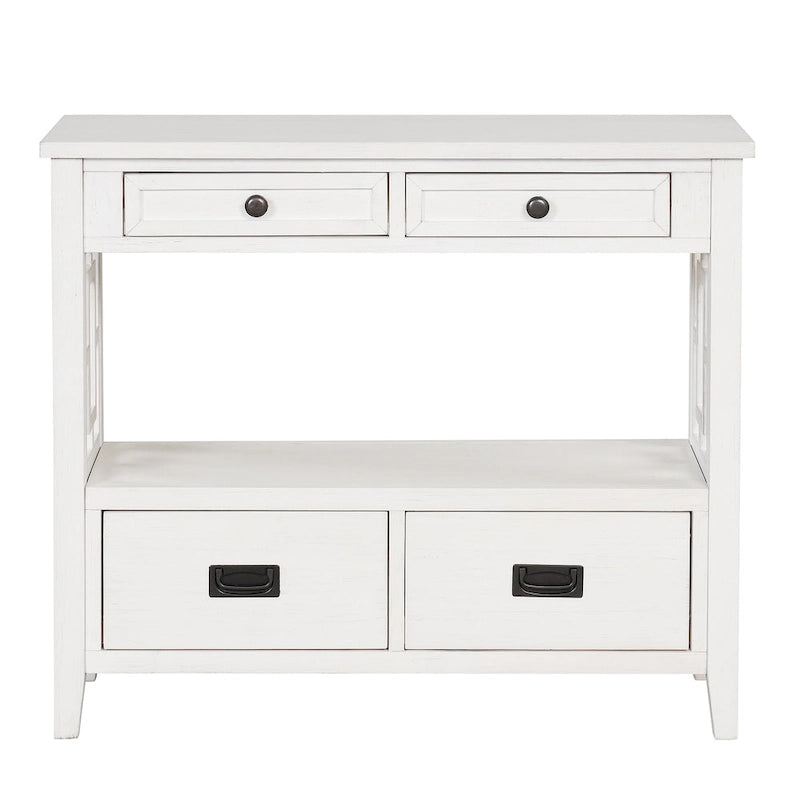 Console de style campagnard en pin, 91 cm, avec 4 tiroirs et 1 étagère de rangement.