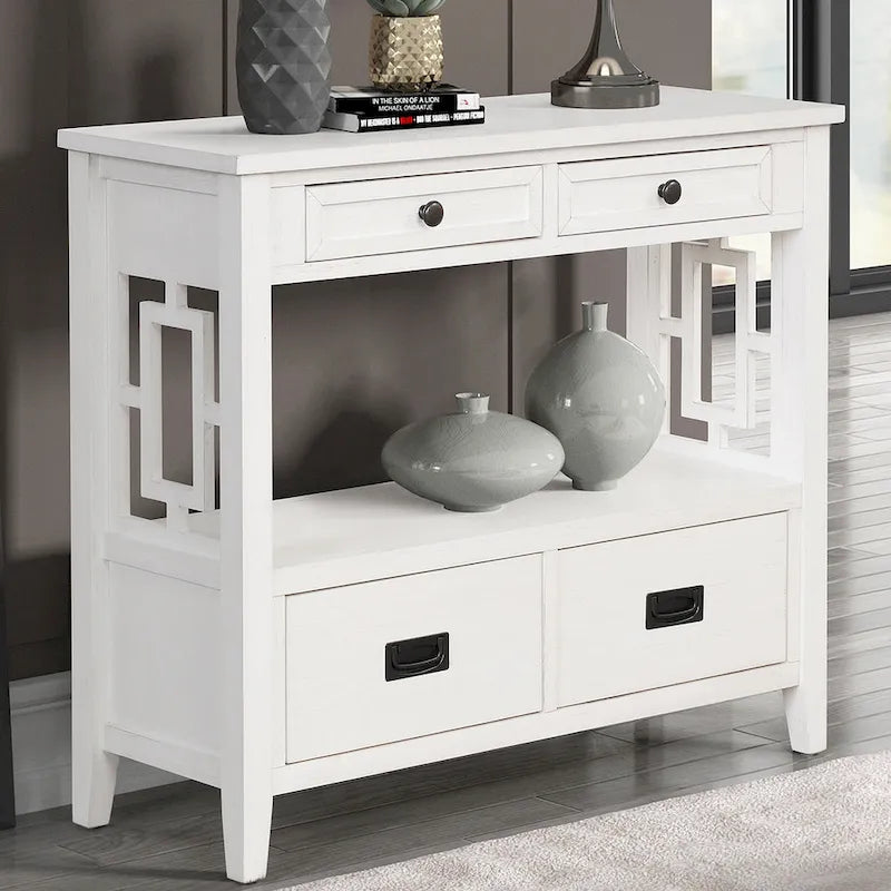 Console de style campagnard en pin, 91 cm, avec 4 tiroirs et 1 étagère de rangement.