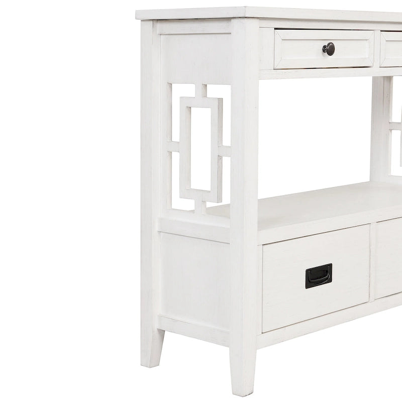 Console de style campagnard en pin, 91 cm, avec 4 tiroirs et 1 étagère de rangement.