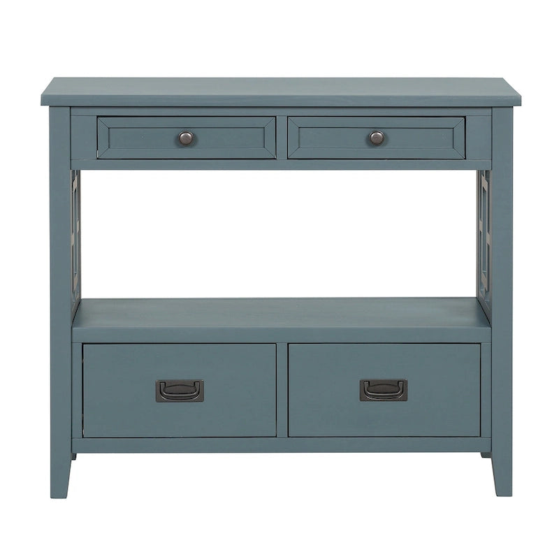 Console de style campagnard en pin, 91 cm, avec 4 tiroirs et 1 étagère de rangement.