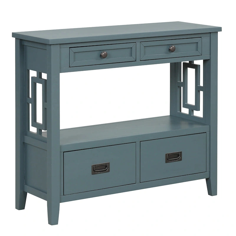 Console de style campagnard en pin, 91 cm, avec 4 tiroirs et 1 étagère de rangement.