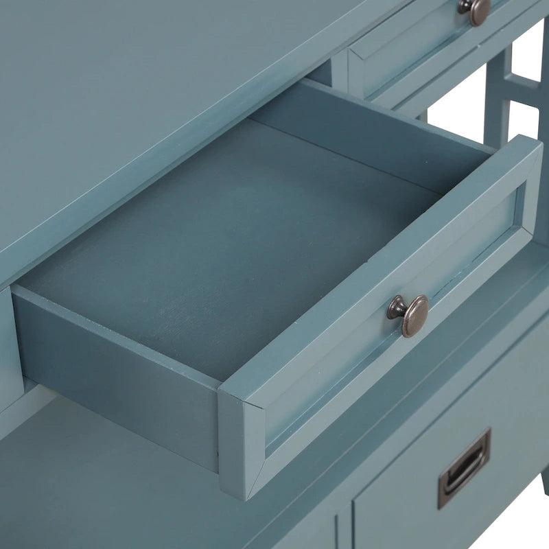 Console de style campagnard en pin, 91 cm, avec 4 tiroirs et 1 étagère de rangement.