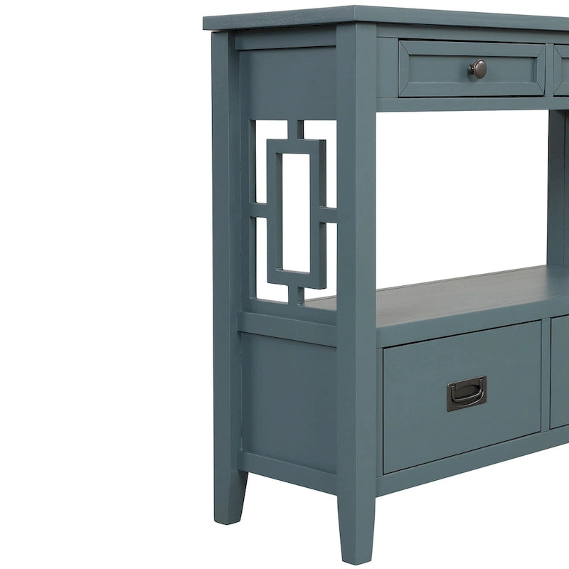 Console de style campagnard en pin, 91 cm, avec 4 tiroirs et 1 étagère de rangement.
