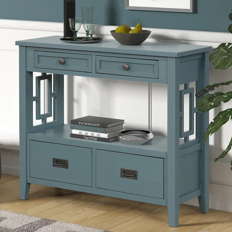 Console de style campagnard en pin, 91 cm, avec 4 tiroirs et 1 étagère de rangement.
