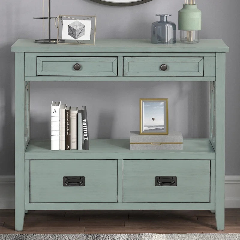 Console de style campagnard en pin, 91 cm, avec 4 tiroirs et 1 étagère de rangement.