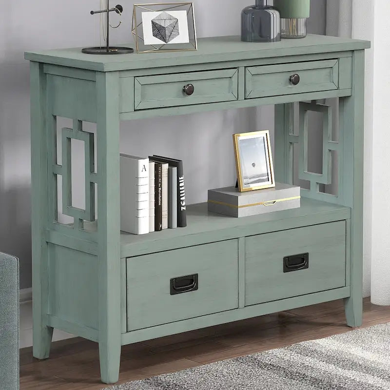 Console de style campagnard en pin, 91 cm, avec 4 tiroirs et 1 étagère de rangement.