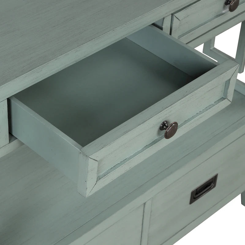 Console de style campagnard en pin, 91 cm, avec 4 tiroirs et 1 étagère de rangement.